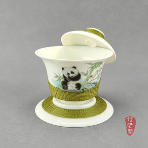Ceramic Panda <b>Teacup</b> Set With Bamboo Weave Lid And Base For Tea Brewing - Product Image 2
