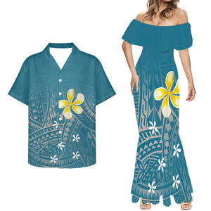 Modello tribale polinesiano <span class=keywords><strong>giallo</strong></span> Plus Size abbigliamento donna 7XL personalizzato samoano Fiji coppia vestiti 2 pezzi camicia da uomo e <span class=keywords><strong>abito</strong></span> a sirena - Product Image 4
