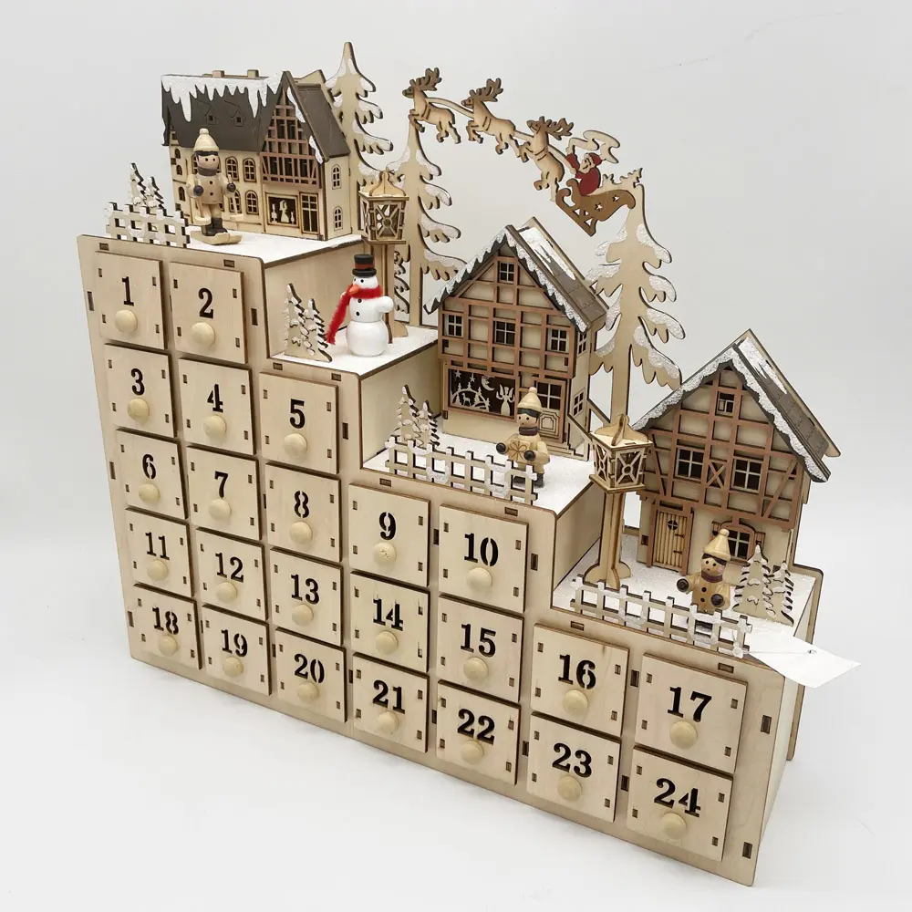 Plywood Laser Cut Christmas Advent Calendar Drawers with LED Light
