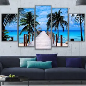 Leinwand drucke Gemälde Rahmen Wohnzimmer Dekor 5 Stück Blau Großer Baum Roter Stuhl Bilder Abstrakte Landschaft Poster Wand kunst