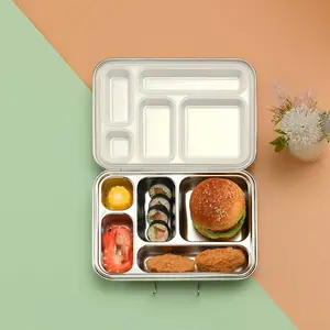 Aohea批发定制标志便当盒金属午餐盒，带5个隔层的儿童不锈钢304便当盒