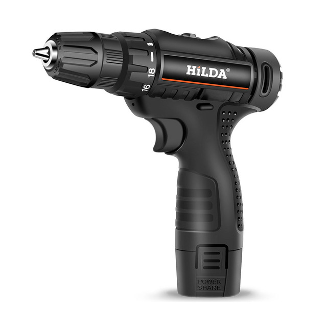 Hilda 12V Rechargeable Power Tools Black 10mm Lithium Battery Cordless Screwdriver Kits Multifunction Electric Impact Drill Set