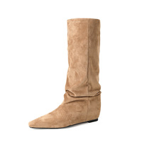 Bottes d'équitation d'hiver à talon compensé en cuir véritable, à bout carré, montantes jusqu'au genou, à enfiler