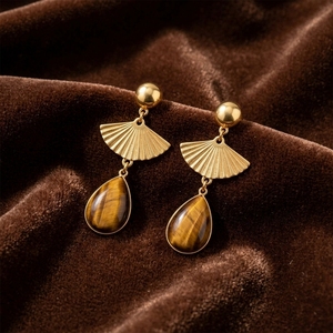 Pendientes de abalorio personalizados para pedidos grandes, chapados en oro, con ojo de tigre sintético, minimalistas, hipoalergénicos, para mujer - Product Image 2