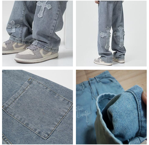 Vaqueros Hip-hop Estilo Europeo Americano con Parches Cruzados para Hombre, Pantalones Anchos Rectos y Holgados de Poliéster a la Moda - Product Image 6