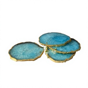 Ensemble de dessous-de-verre en tranche d'agate bleue avec bordure dorée électroplaquée, en cristal de géode turquoise, pour la protection de la table, pierre de cristal - Product Image 1