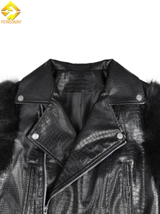 Veste bomber en cuir PU pour <span class=keywords><strong>femme</strong></span>, courte, à manches longues, décontractée, chaude, patchwork, manches en fourrure, pour l'automne et l'hiver - Product Image 3