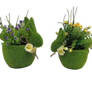 Wholesale Customized cute tropical green flocked bunny flower pot green garden animal shape embossed flower planters