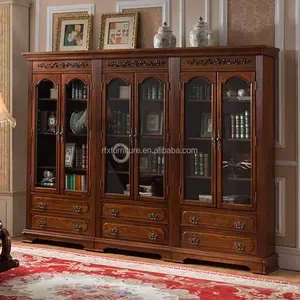 Bookcase Wooden Best Selling American Style Antique Hand-carved Wooden Double Door Bookcase Glass Door Display Home Office Library Furniture