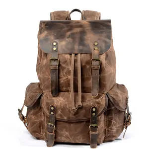 China Wholesale College Waxed Cvanvas With Cowhide Leather Mens Canvas Backpack