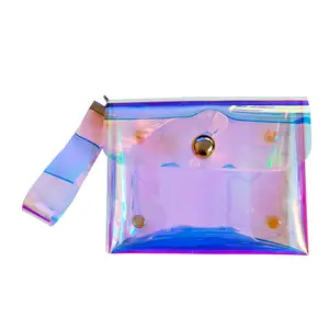 Custom Printing Fashion Transparent Clear PVC Holographic Button Mini Small Cheap Makeup Bag Cosmetic Pouch