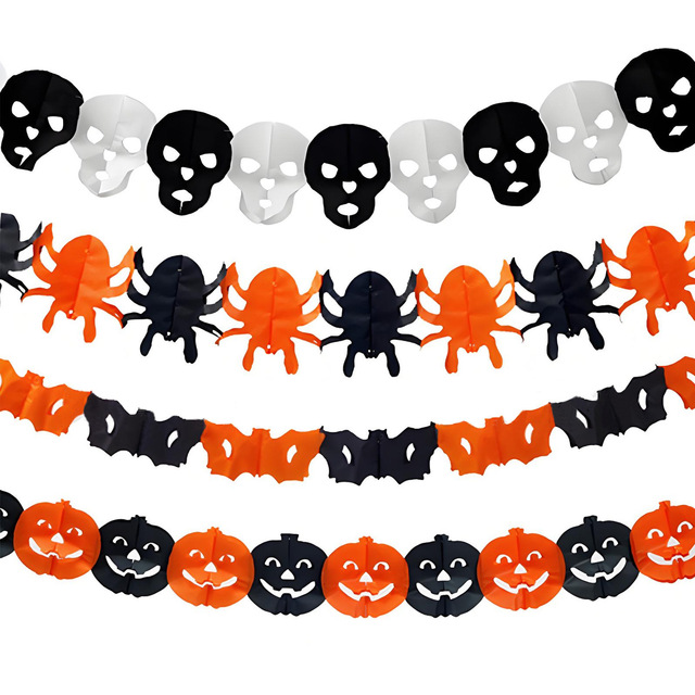 2026 for Cross-Border Halloween Party Decor Hanging Paper Bunting Spiders Bats Pumpkins; Wholesale Customizable Pull-String