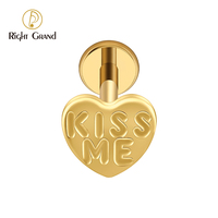 Bijou de piercing labret en titane plaqué or, motif cœur lettre KISS ME, filetage interne, 16G, dos plat, pour cartilage, boucle d'oreille et piercing de lèvre