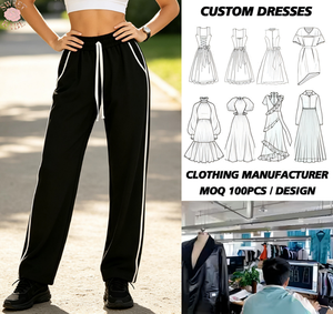 Pantalon large noir taille haute pour femme, coupe décontractée, longueur intégrale, avec cordon de serrage, couleur unie, bande latérale - Product Image 1