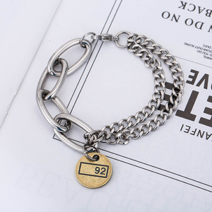 yunnique Hip Hop Metallic Style <b>Titanium</b> Steel Unisex Cuban <b>Chain</b> Bracelet With Number 92 Charm Geometric Design - Product Image 3