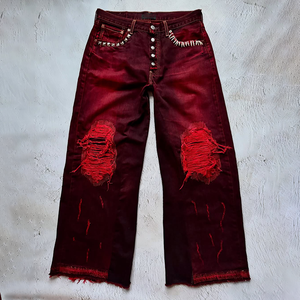 Jeans amples délavés vintage avec logo de marque personnalisé, <span class=keywords><strong>pantalon</strong></span> en denim pour <span class=keywords><strong>homme</strong></span>, rivets, effet usé, bordeaux, coupe <span class=keywords><strong>baggy</strong></span> - Product Image 4