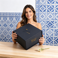 Caja de Regalo de Cartón Rígido Negro Mate Personalizada con Impresión de Logotipo en Dorado para Bodas, Novias y Damas de Honor