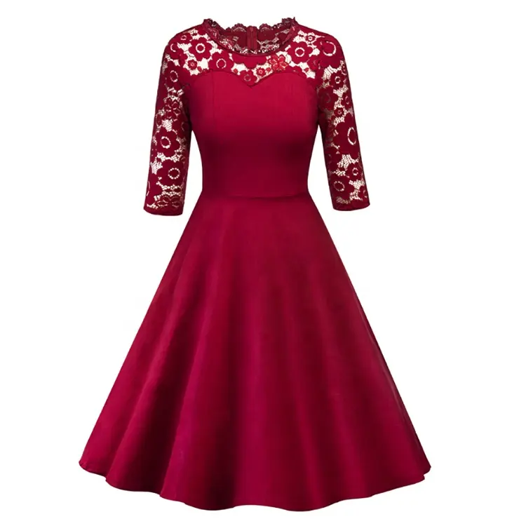 High Quality Plus Size Half Sleeve O-neck A-line Lace Embroidered Women Dress Red Knee-length One Piece Dresses For Party