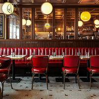 Ensemble de restaurant sur mesure Ron Group, banquette en cuir capitonnée, table en bois massif avec base en métal, chaise rembourrée en cuir, mobilier commercial
