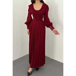 Vestido casual de cuello redondo color borgoña con falda plisada y cintura natural, ideal para fiestas, de tela tejida y lavable. - Product Image 4