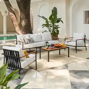 Villa Hotel muebles de exterior conjunto moderno de aluminio jardín Patio balcón muebles de madera de lujo conjuntos de sofás