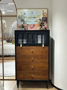 Midcentury Modern Solid Wood Living Room Cabinet with <b>4</b> <b>Drawers</b> Black Frame <b>Storage</b> Furniture - Product Image 2