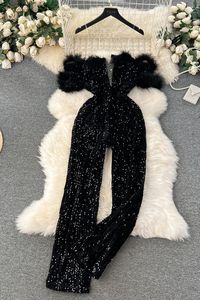 <span class=keywords><strong>Tuta</strong></span> Lunga <span class=keywords><strong>Elegante</strong></span> da Donna Taglie Forti <span class=keywords><strong>in</strong></span> Stile Americano con Scollo a V, Vita Alta, Patchwork di Paillettes e <span class=keywords><strong>Pizzo</strong></span> - Product Image 6