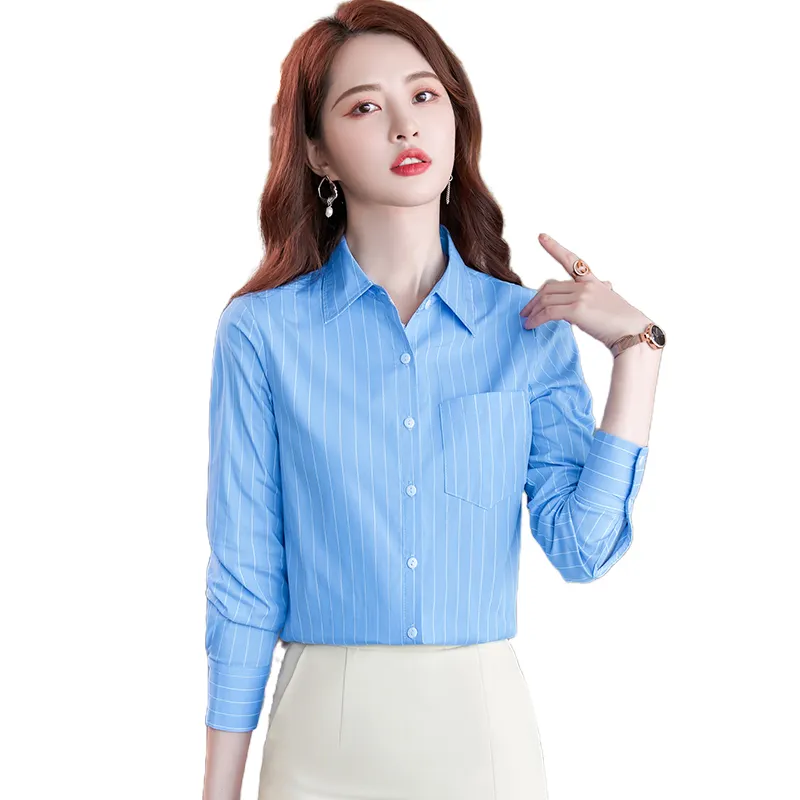 Wholesale Dropship OEM Fashion elegant Blue Stripe Blouse With Work Wear Office Lady Female Tops Chemise Loose Style Shirt