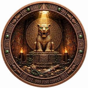 Moneda de Cobre Fino .999 de 1oz, Medallón Coleccionable de Arte de Ruinas Antiguas con Tigre Gigante, Explorador del Reino Perdido - Product Image 2