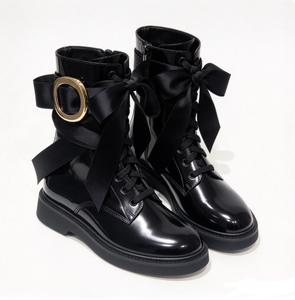 Bottes mi-mollet en cuir verni pour femmes, chaussures d'hiver à lacets et bout rond - Product Image 4
