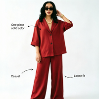 Setelan Wanita Ukuran Besar Musim Gugur 2 Potong, Blazer Lengan 3/4 dan Celana Kaki Lebar, Model Kasual Kancing, Longgar