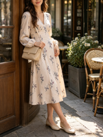Nouvelle robe florale pour femmes, col en V, manches longues, taille haute, robe midi décontractée pour le printemps, à porter au quotidien