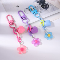 Gantungan Kunci Bunga Resin Kawaii Lucu Rantai Akrilik Warna-warni Liontin Hati Aksesoris Tas Wanita Perempuan Tali Gantungan Kunci