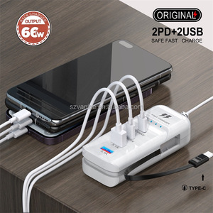 Caricatore Super Veloce 66W con <span class=keywords><strong>2</strong></span> Porte Type-<span class=keywords><strong>C</strong></span> + <span class=keywords><strong>2</strong></span> USB, Hub di Ricarica USB-<span class=keywords><strong>C</strong></span> 66W, Presa di Ricarica per Telefoni Cellulari con Cavo di Prolunga - Product Image 2
