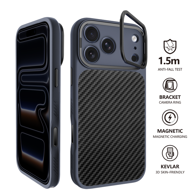 2026 Magnetic Carbon Fiber Shockproof Mobile Phone Case with Metal Lens Kickstand 1.5M Drop for iPhone 17 18 Pro 17 18 Pro Max