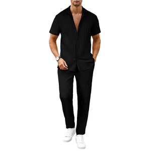 European American Men's Casual Short Sleeve Two-Piece Set Summer <b>Cardigan</b> Versatile Solid Color Beaded Polyester Flat Waist - Product Image 1