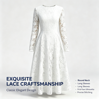 Robe midi élégante pour femme 2026 à col rond et manches longues en dentelle, broderie florale, taille smockée, idéale pour les soirées et les invitées de mariage