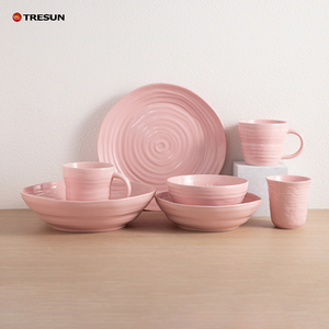 Ceramic Porcelain Soft Mint Embossed Pink China Dinnerware <b>Set</b>, Beaded ridge Design Tableware Bowls Neutral Color Plates - Product Image 1