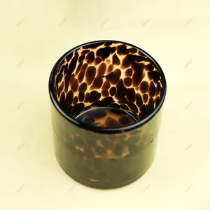 Handmade Blown Wholesale Custom Luxury Leopard Print Glass Candle Jars With Lid Candle Box 200ml 320ml 430ml