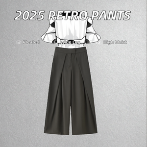 Pantalon Culotte Plissé Taille Haute Femme Coupe Droite Longueur Entière Couleur Unie Style Minimaliste Polyester Vintage Printemps Fermeture Éclair - Product Image 2