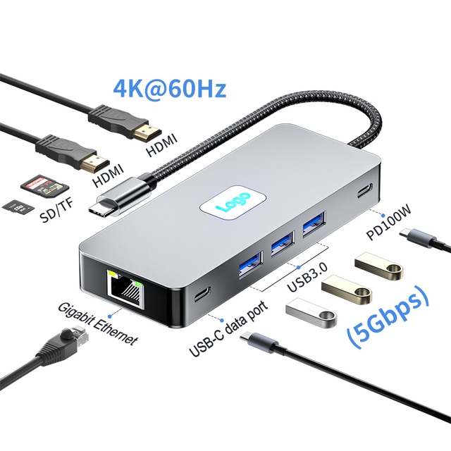 Justlink 10 in 1 USB Hub with TYPE C Dual HDMI 4K 60Hz VGA USB3.0 5Gbps Gigabit Network Port 1000Mbps SD TF Adapter Audio-Stock