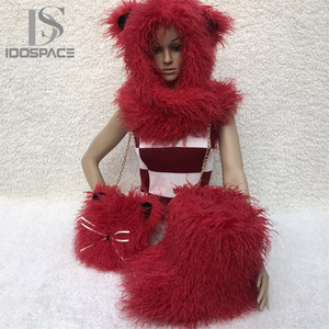 Femmes Hiver Mode Mongolie Bottes <span class=keywords><strong>de</strong></span> neige en fourrure <span class=keywords><strong>de</strong></span> mouton Faux Fur Purse Bags Fur Cap Hats Plush Warm Fluffy Hairband <span class=keywords><strong>Ski</strong></span> Hats Sets - Product Image 4