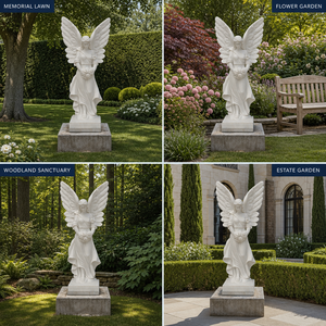 MILY Weiße Marmor Engel-Statue für Friedhöfe, Lebensgroße Handgeschnitzte Garten- und Grabdenkmal-Religiöse Dekoration - Product Image 4