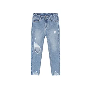 New arrivals label customized child girls denim ripped pants blue jeans