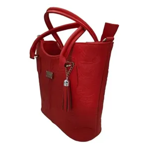 Sac à main Fana Wendy en cuir de vachette rouge, grande capacité, fermeture à rabat, décoration à pompon, sac fourre-tout décontracté pour femmes - Product Image 4