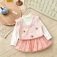 Dreiteiliges Mädchen-Outfit, Strickweste, langärmliges Oberteil und Tüll-Tutu-Rock, süßes Prinzessinnen-Set für Frühling und Herbst