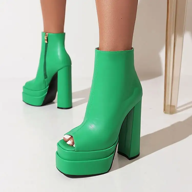 Sexy Summer open Toe Platform Square Heel Ankle Boots Breathable and Comfortable Side Zipper Short Booties for Ladies