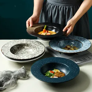 Creative Art Embossed Straw Hat Plate Japanese Ceramic Retro 10'' Kiln Dinner Plate Nordic Deep Dish Tableware Spaghetti Plate