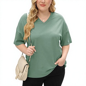 เสื้อยืดคอวีสีพื้นสำหรับผู้หญิงไซส์ใหญ่ เป็นมิตรกับสิ่งแวดล้อม เสื้อยืดแขนสั้นสำหรับฤดูร้อน สวมใส่สบายทรงหลวม เสื้อทูนิค ผ้าฝ้าย 100% 240 GSM - Product Image 1