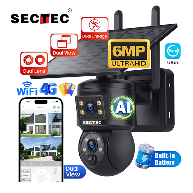 SECTEC HD 6MP Dual Lens Home Security CCTV Outdoor Waterproof Smart IP Camera 4G SIM PTZ Wireless Motion Detection Solar Camera